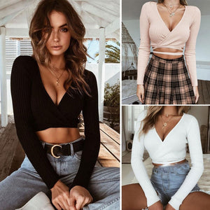 Sexy Women Ladies Summer Slim Crop Tops Long Sleeve T Shirt Casual Solid V Neck Knitted Short Tops