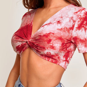New European And American Style Women's Clothing Slim Short-sleeved Tops Tie-dye Printed Sexy Navel T-shirt