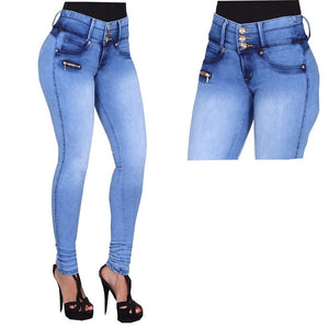 Women's blue button zipper jeans