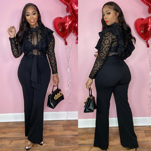 Sexy See-through Lace Stitching Elastic Hip Wide Leg Jumpsuit