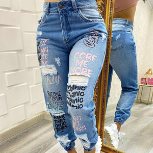 Women's Solid Ripped Alphabet Jeans Blue