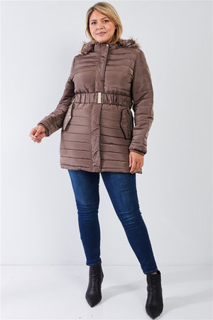 Plus Size Quilt Faux Fur Hood Padded Puffer Jacket