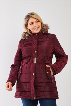 Plus Size Quilt Faux Fur Hood Padded Puffer Jacket