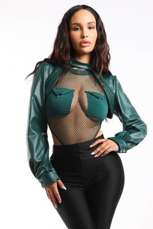 Fishnet bodysuit with PU detail and cropped jacket