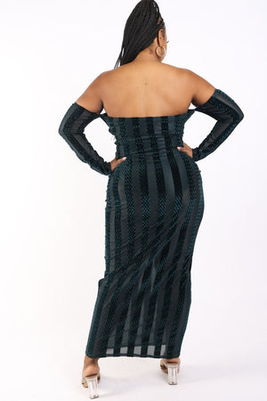 Plus Striped Velvet Off Shoulder Dress
